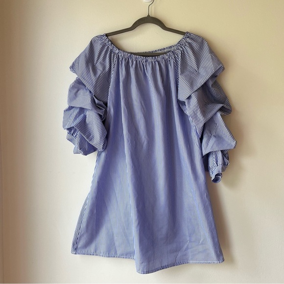 Ruffle Sleeve Off Shoulder mini dress Blue White Stripe Cotton Blend M - Picture 4 of 10